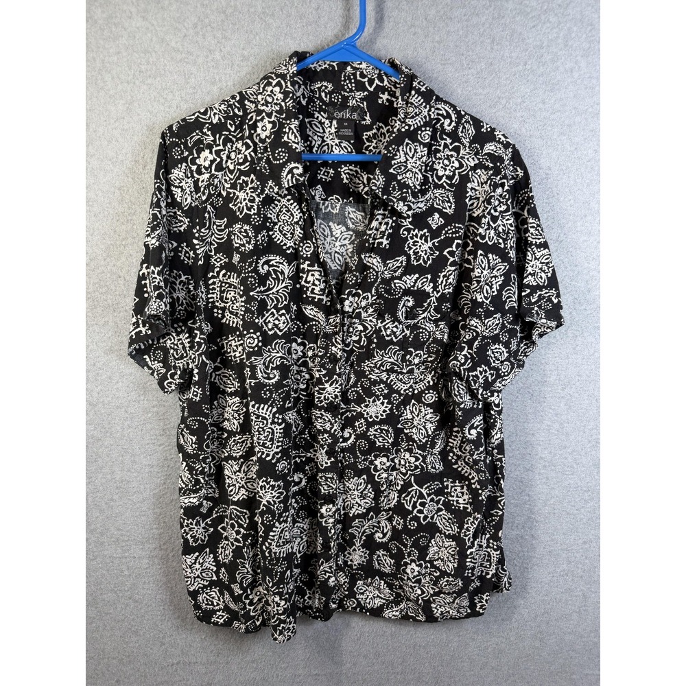 Vintage Erika Shirt Womens 1X Black Floral Button Up Short Sleeve Top 2000s